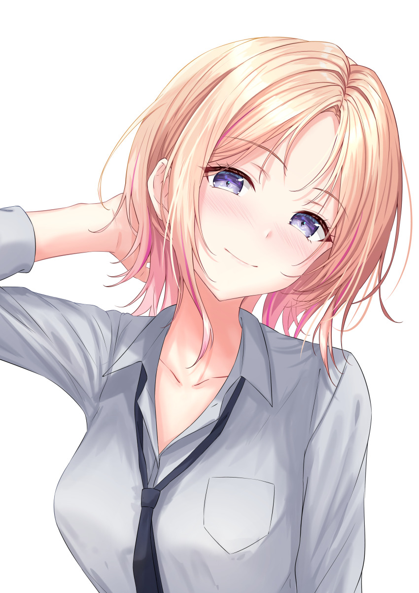 1girl, absurdres, alternate_hair_length, alternate_hairstyle, arm_behind_head, black_necktie, blonde_hair, blush, breasts, collarbone, gakuen_idolmaster, grey_shirt, highres, idolmaster, juo_sena, kawato_rei, looking_at_viewer, medium_breasts, multicolored_hair, necktie, open_collar, pink_hair, purple_eyes, shirt, short_hair, smile, solo, streaked_hair, two-tone_hair, upper_body