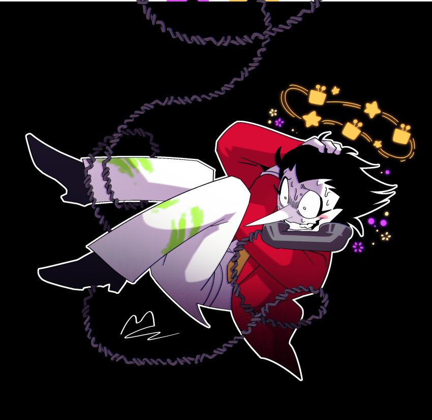 1boy, black_hair, black_shoes, circle_facial_mark, clenched_teeth, colored_skin, corded_phone, deltarune