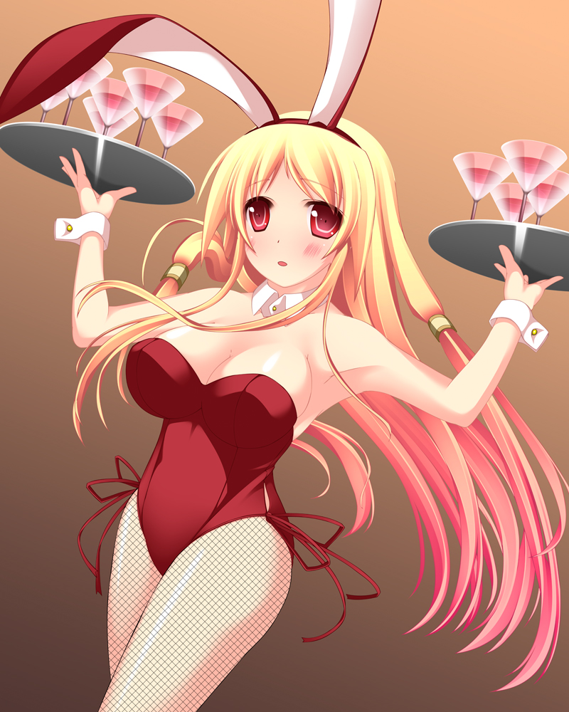 1girl, animal_ears, blonde_hair, breasts, cleavage, detached_collar, fake_animal_ears, female_focus