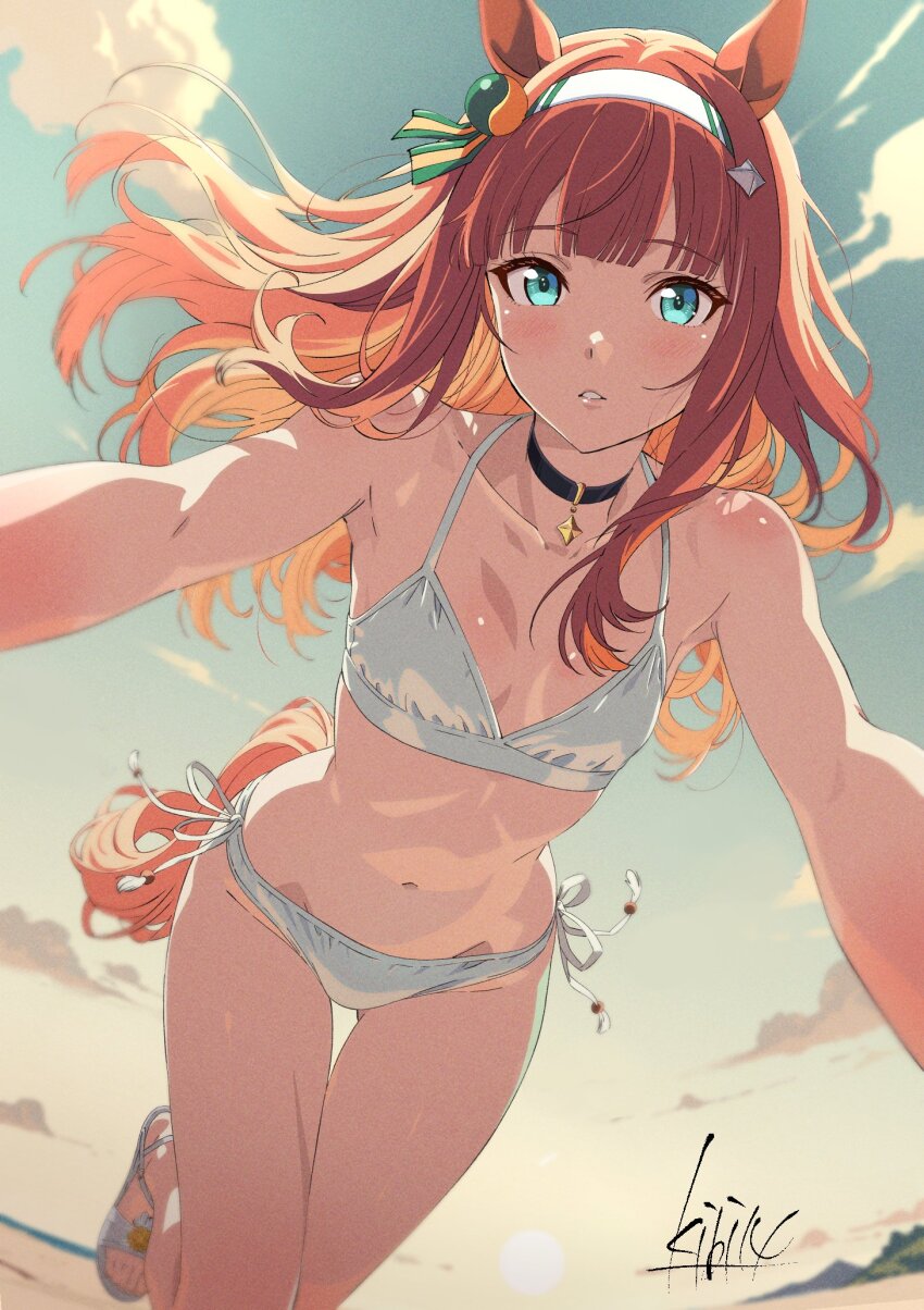 1girl, animal_ears, aqua_eyes, bikini, black_choker, blunt_bangs, blush, breasts, choker, cleavage, collarbone, commentary_request, foot_out_of_frame, hair_ornament, hairband, highres, hime_cut, horse_ears, horse_girl, horse_tail, kibidango_14-gou, long_hair, looking_at_viewer, navel, orange_hair, orange_tail, outdoors, sandals, side-tie_bikini_bottom, silence_suzuka_(umamusume), solo, stomach, swimsuit, tail, toes, umamusume, white_bikini, white_hairband
