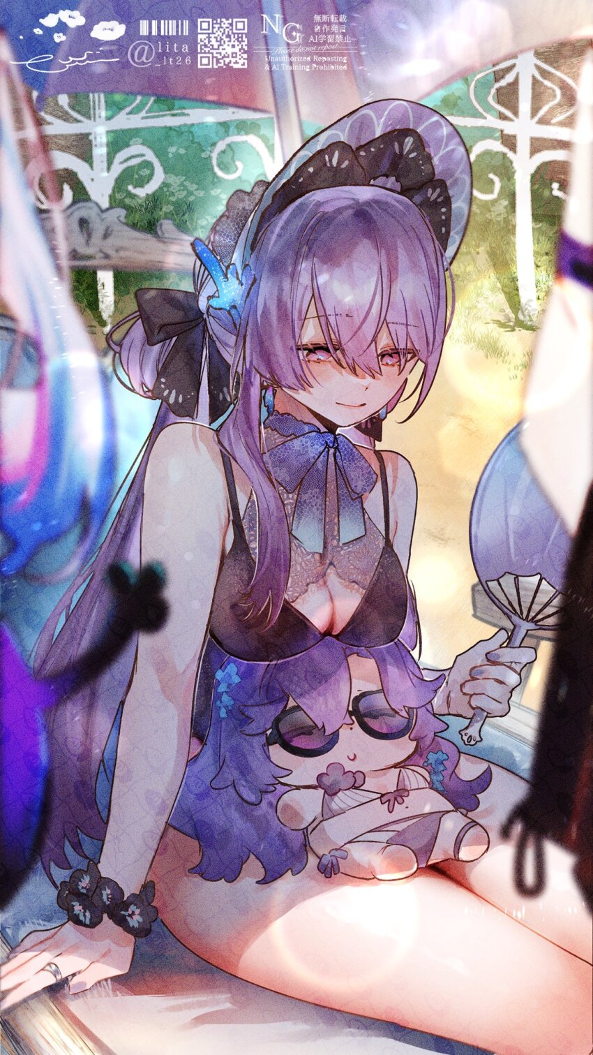 1girl, alternate_costume, bare_shoulders, bikini, black_bikini, bonnet, breasts, cantarella_(wuthering_waves)