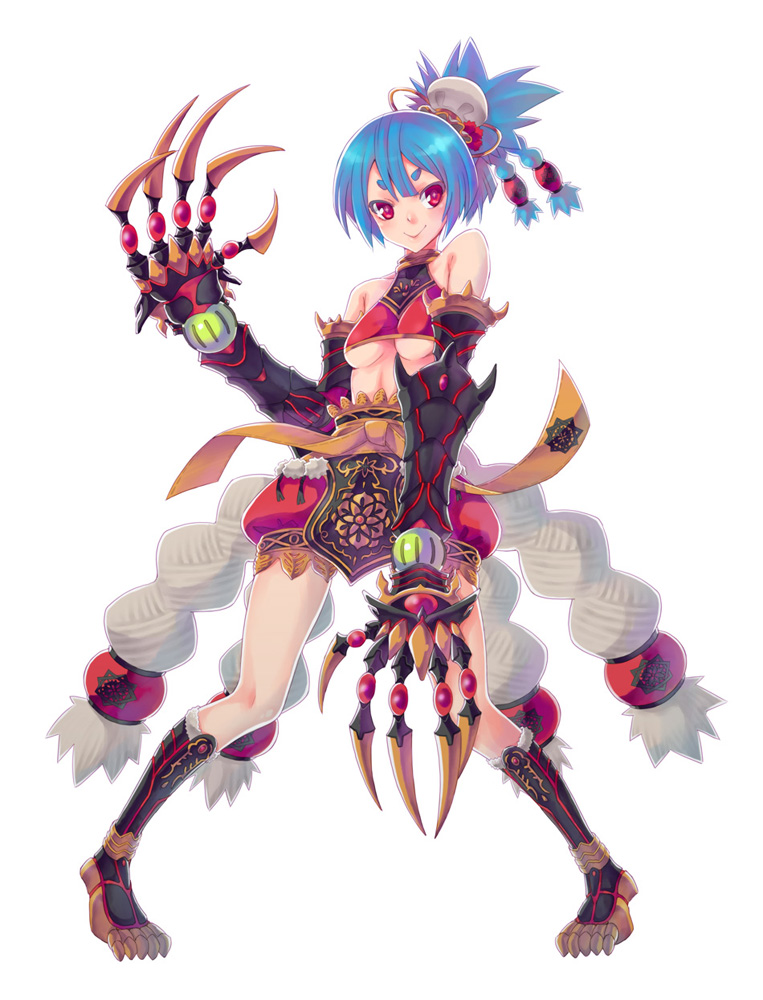 1girl, bare_shoulders, blue_hair, blush, bracelet, breasts, claws, dragon_genesis