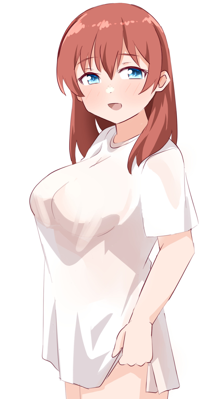 1girl, blue_eyes, blush, breasts, brown_hair, clothes_lift, commentary_request, emma_verde
