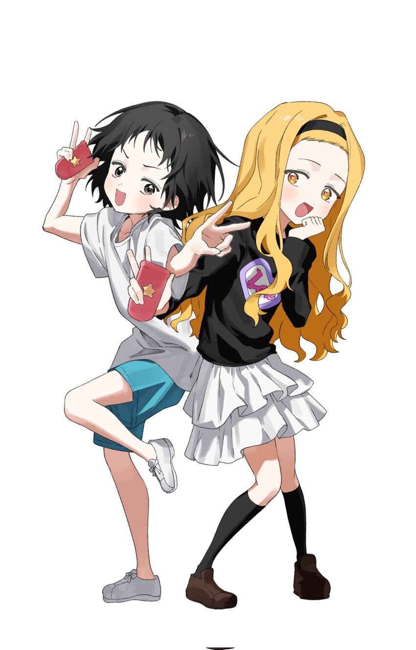 2girls, :d, aqua_shorts, black_hair, black_hairband, black_shirt, black_socks, blonde_hair