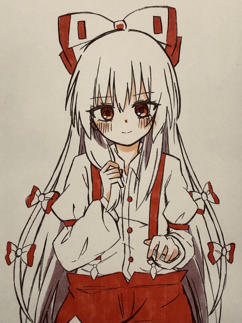 1girl, blush, bow, collared_shirt, commentary, fujiwara_no_mokou, hair_bow, highres