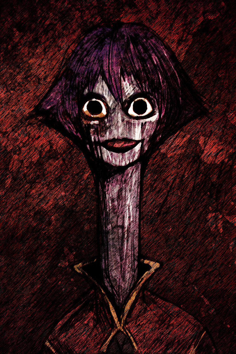 1girl, black_eyes, chinese_clothes, commentary_request, creepy, darkstalkers, highres, horror_(theme), hsien-ko, jiangshi, long_neck, looking_at_viewer, mandarin_collar, purple_hair, red_background, scorccio, simple_background, solo, tomino's_hell, wide-eyed