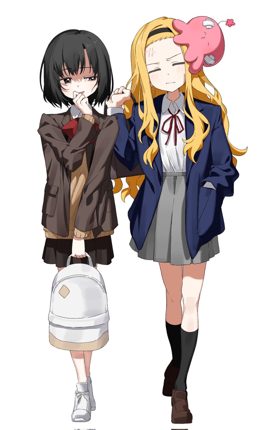 2girls, =_=, ^3^, alien, animal, animal_on_head, backpack, bag