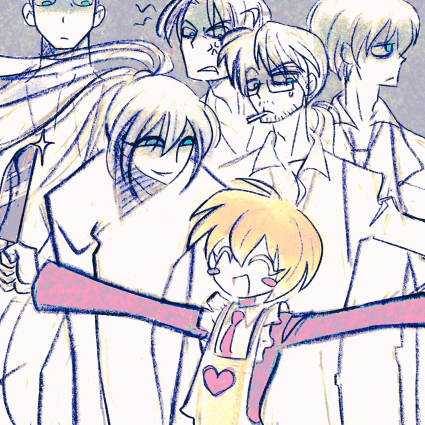 1girl, 5boys, :d, anger_vein, apron, arms_up, blonde_hair, blue_eyes, blush, closed_eyes, coat, collared_shirt, don_quixote_(project_moon), evil_smile, frilled_apron, frills, gregor_(project_moon), grey_background, heart, heathcliff_(project_moon), highres, holding, holding_knife, homilpain, hong_lu_(project_moon), knife, light_frown, limbus_company, limited_palette, long_hair, looking_at_another, looking_to_the_side, meursault_(project_moon), multiple_boys, necktie, open_mouth, ponytail, project_moon, red_coat, red_necktie, shirt, short_hair, simple_background, smile, sweatdrop, upper_body, yi_sang_(project_moon)