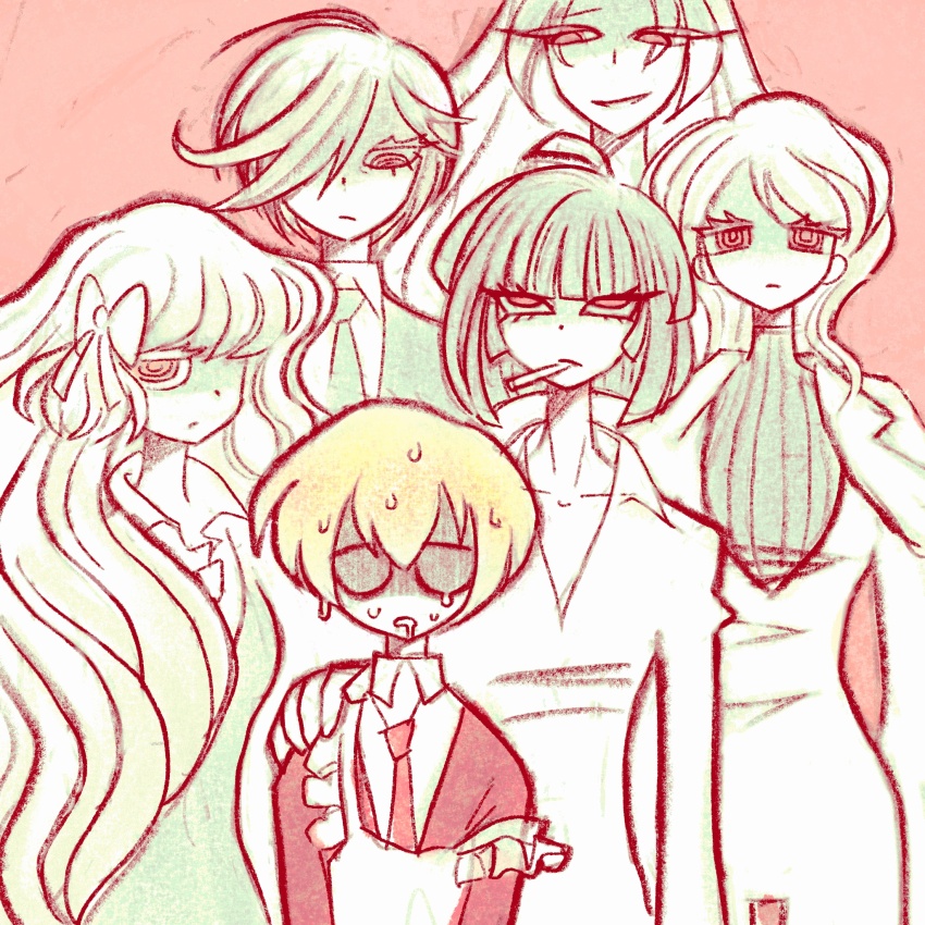 1boy, 5girls, apron, blonde_hair, bow, cigarette, collared_shirt, faust_(project_moon), frilled_apron, frills, hair_bow, hand_on_another's_shoulder, highres, homilpain, ishmael_(project_moon), light_frown, limbus_company, limited_palette, long_hair, looking_at_another, looking_at_viewer, multiple_girls, necktie, outis_(project_moon), project_moon, red_background, red_eyes, red_necktie, ringed_eyes, rodion_(project_moon), ryoshu_(project_moon), scared, shirt, short_hair, simple_background, sinclair_(project_moon), smile, sweat, sweater, turtleneck, turtleneck_sweater, white_apron, white_hair, white_shirt