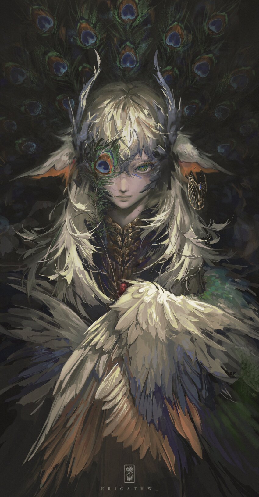 1girl, absurdres, ado_(utaite), bilingual_commentary, closed_mouth, commentary, elf, elf_(ado), ericathw, feathers, green_eyes, grey_hair, highres, long_hair, looking_at_viewer, mixed-language_commentary, pointy_ears, solo