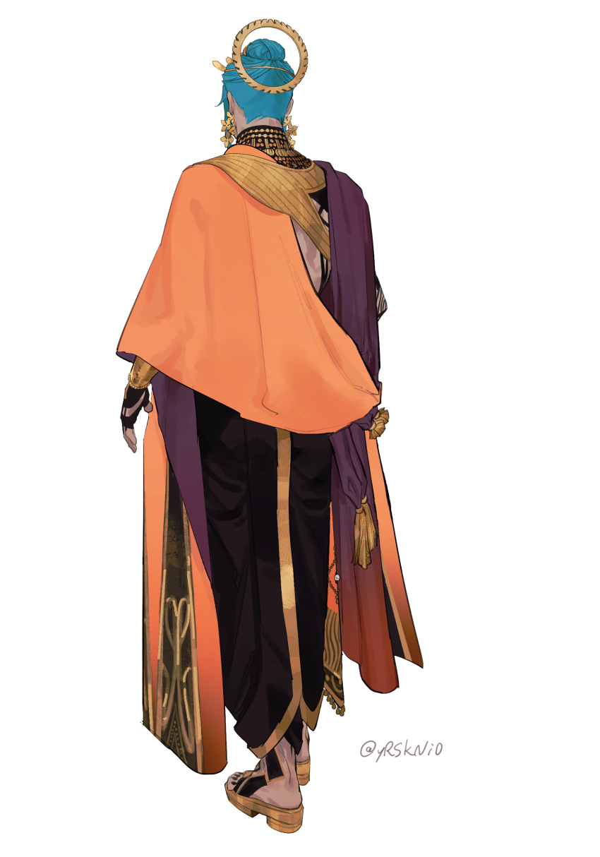 1boy, absurdres, alternate_hair_length, alternate_hairstyle, arms_at_sides, artist_name, ashoka_(fate), ashoka_(third_ascension)_(fate), asian_indian_clothes, back, back_peek, black_gloves, blue_hair, bracelet, commentary_request, dark-skinned_male, dark_skin, earrings, facing_away, fate/grand_order, fate_(series), fingerless_gloves, flower_earrings, from_behind, full_body, gloves, gold_bracelet, gold_sandals, hair_bun, highres, jewelry, male_focus, ring_hair_ornament, sandals, side_cape, simple_background, single_hair_bun, solo, standing, twitter_username, updo, variant_set, white_background, wo_do