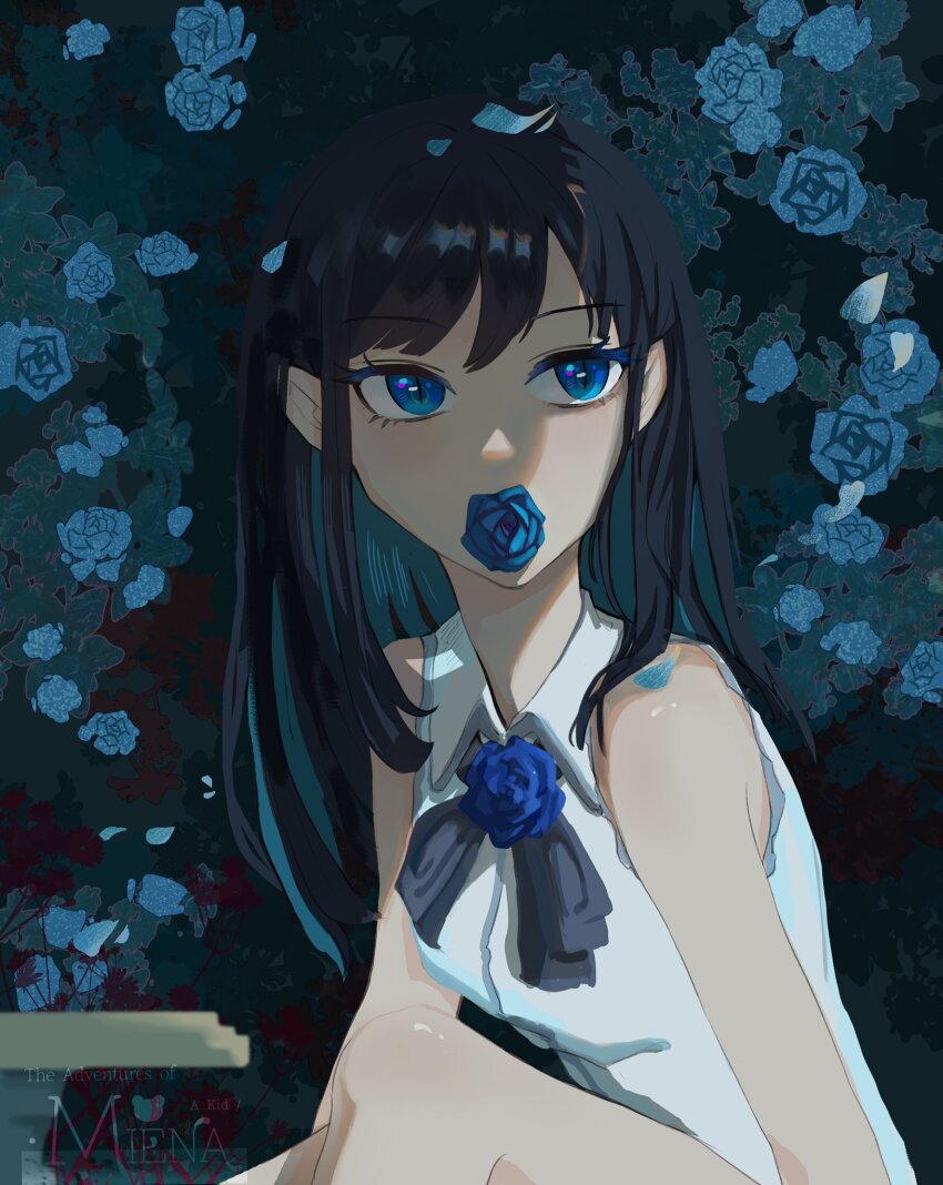 1girl, ado_(utaite), black_hair, blue_eyes, blue_flower, blue_rose, brooch, chando_(ado)