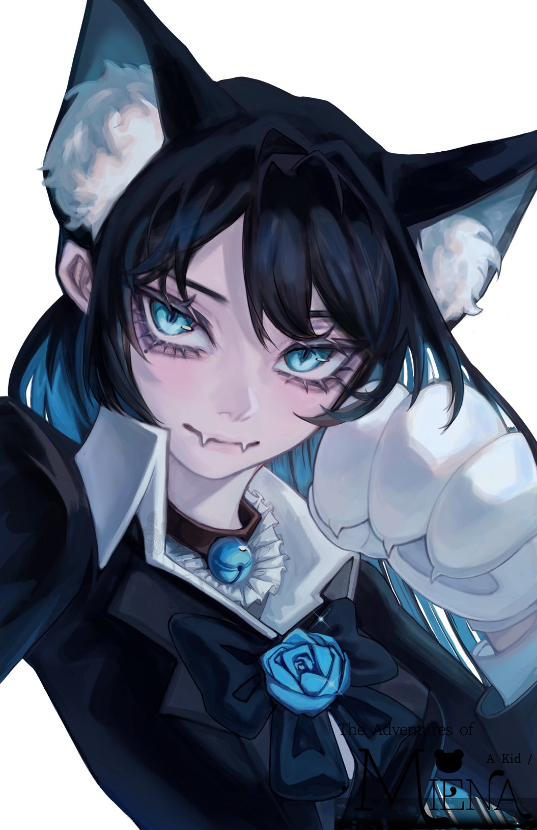 1girl, ado_(utaite), animal_ear_fluff, animal_ears, animal_hands, bell, black_bow, black_bowtie