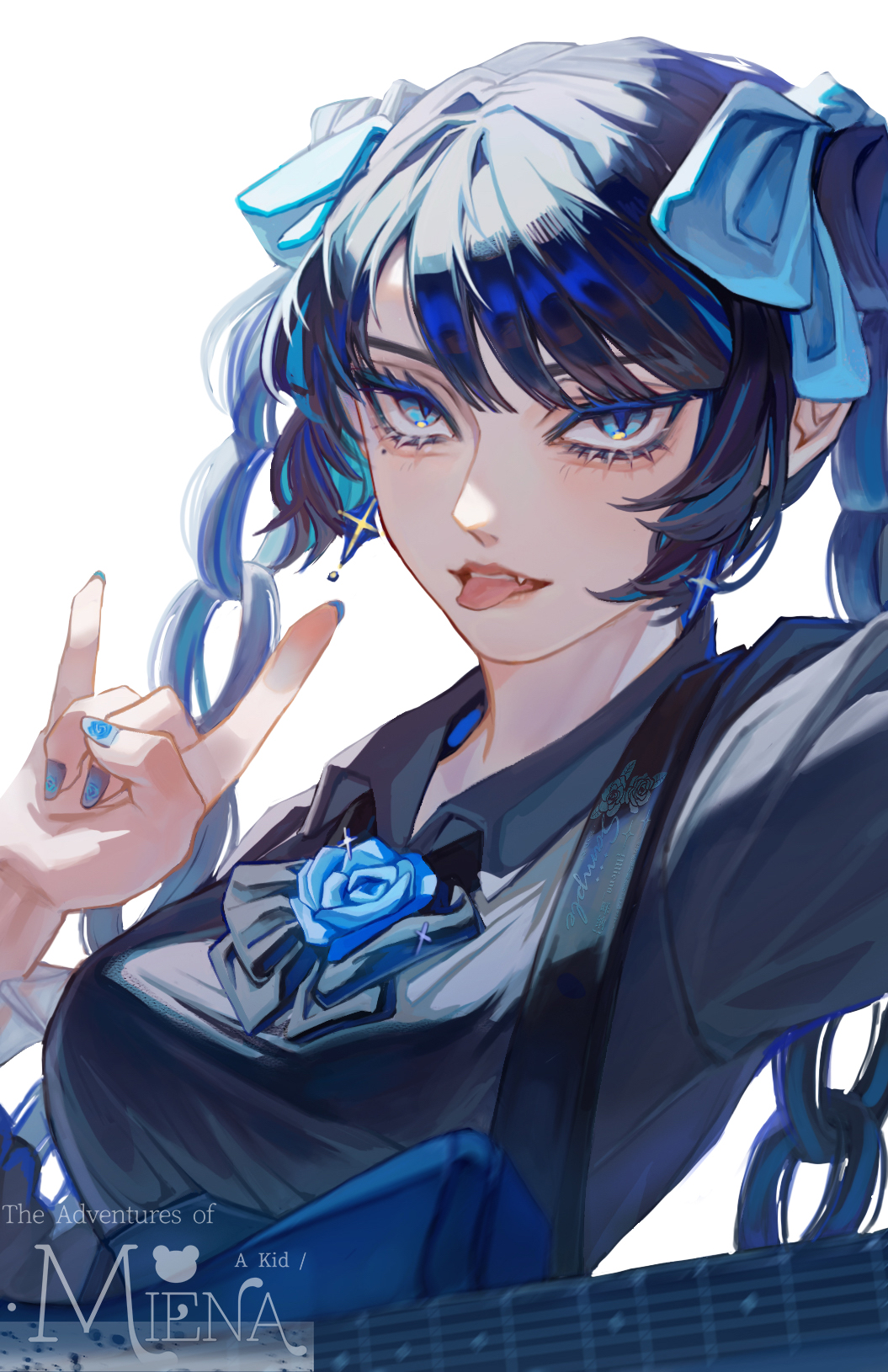 1girl, \n/, ado_(utaite), aegyo_sal, black_hair, black_shirt, blue_bow, blue_eyes, blue_flower, blue_nails, blue_rose, blush, bow, braid, braided_hair_rings, breasts, brooch, chando_(ado), commentary, electric_guitar, fang, flower, flower_brooch, guitar, hair_bow, hair_rings, highres, instrument, jewelry, long_hair, medium_breasts, miena_(xtxaxyxlxox), mole, mole_under_eye, nail_polish, open_mouth, rose, shirt, simple_background, solo, teeth, tongue, tongue_out, upper_body, upper_teeth_only, white_background