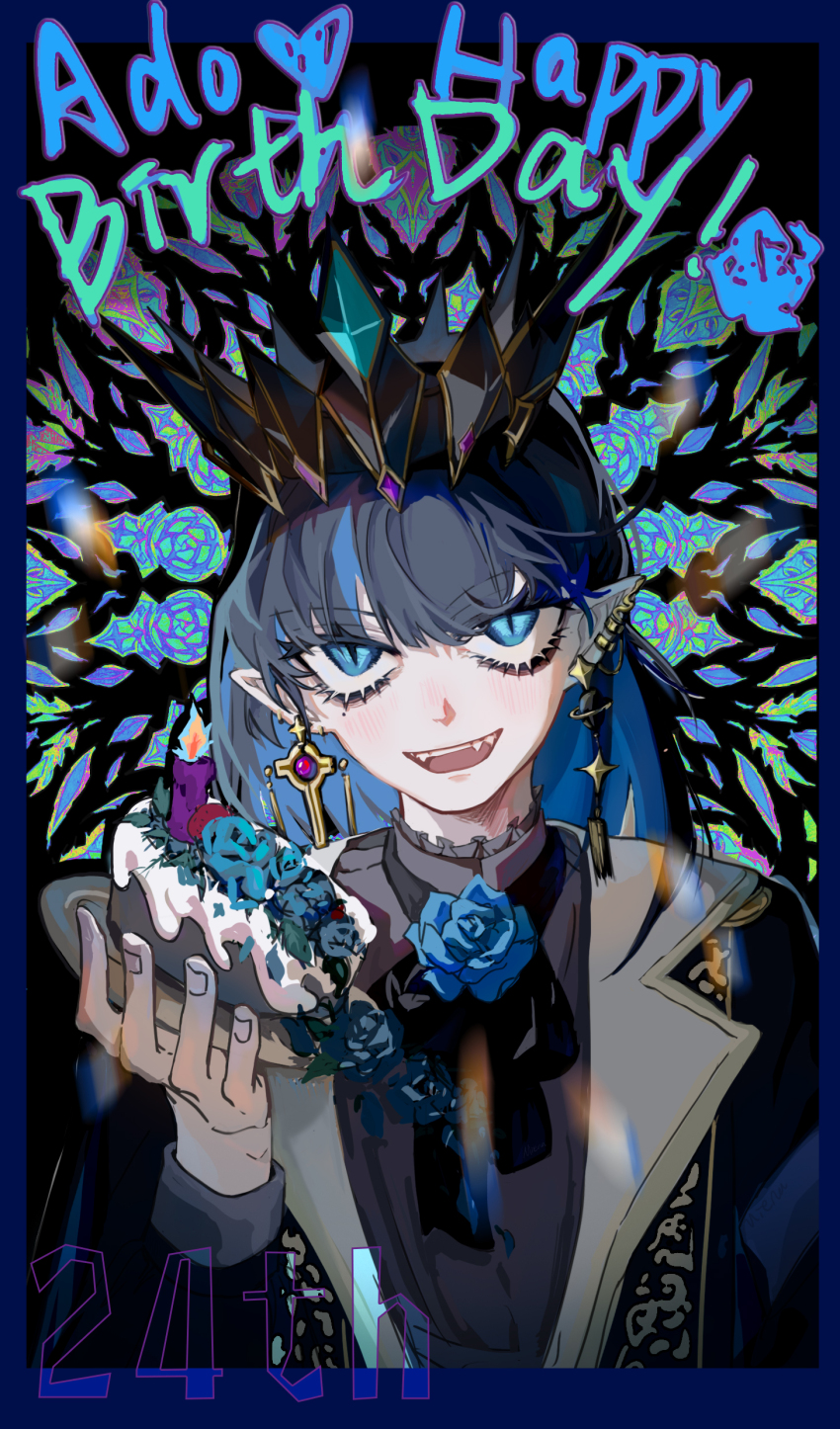 1girl, absurdres, ado_(utaite), black_bow, black_bowtie, black_crown, black_hair, blue_flower