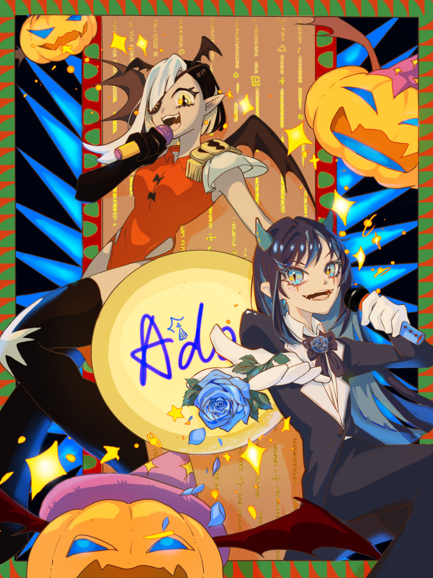 2girls, ado_(utaite), black_coat, black_hair, black_pants, black_thighhighs, blue_eyes, blue_flower