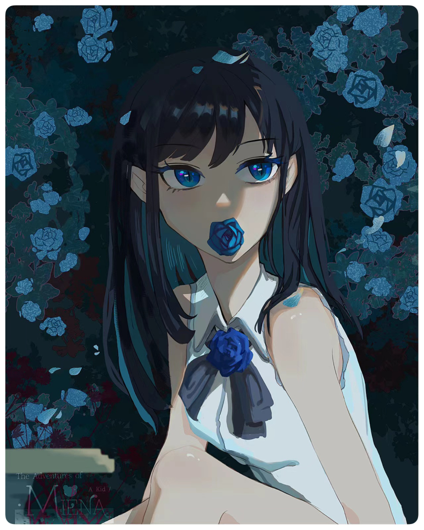 1girl, ado_(utaite), black_hair, blue_eyes, blue_flower, blue_rose, brooch, chando_(ado)