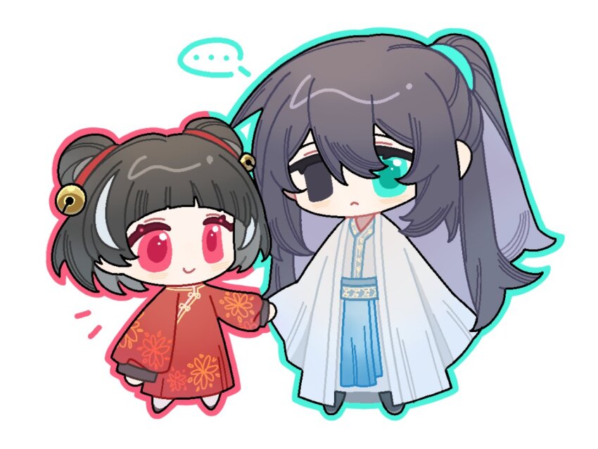 1boy, 1girl, :<, aged_down, black_eyes, black_hair, blue_eyes, chibi