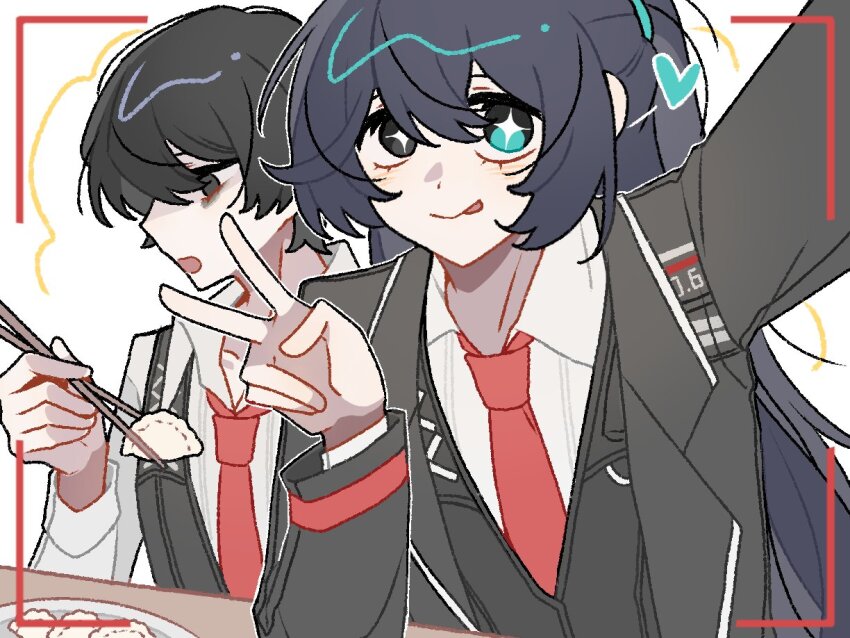 +_+, 2boys, black_coat, black_eyes, black_hair, black_vest, blue_eyes, coat