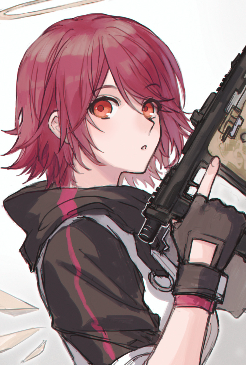 1girl, arknights, black_hood, black_sleeves, brown_gloves, chinese_commentary, commentary_request, exusiai_(arknights)