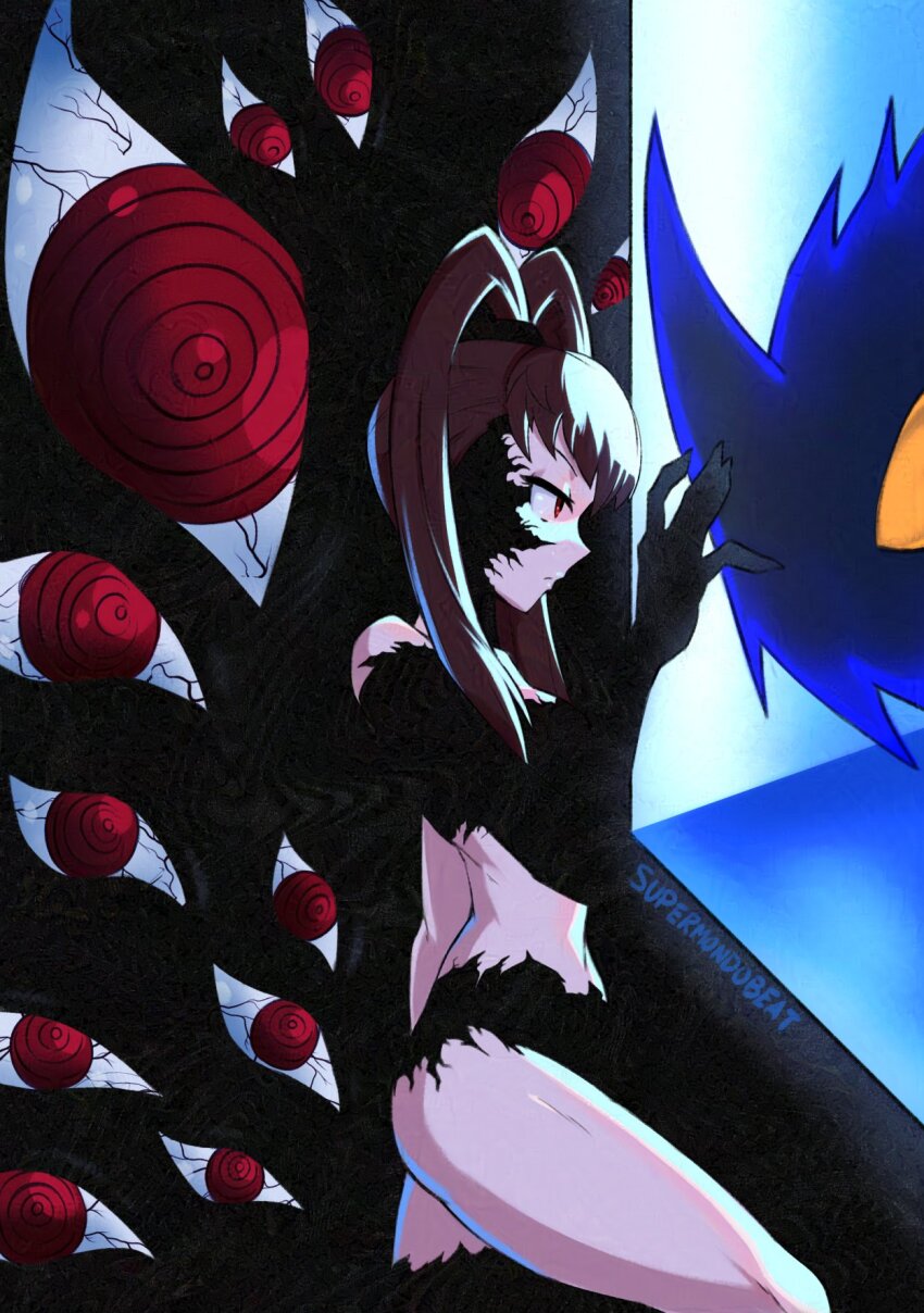 1girl, amano_nene_(digimon_xros_wars), artist_name, brown_eyes, brown_hair, corruption, cowboy_shot, dark_persona, digimon, digimon_(creature), digimon_xros_wars, from_side, highres, long_hair, moonmillenniumon, possessed, possession, profile, red_eyes, revealing_clothes, shademon, shademon_(nene_ver.), solo_focus, supermondobeat