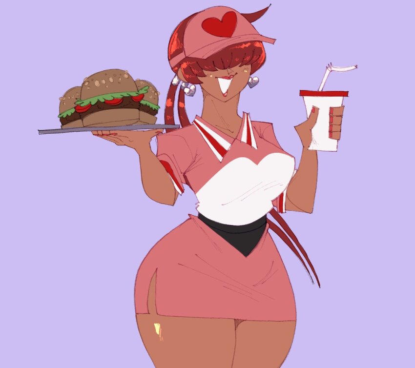 1girl, 1shermieaday, breasts, burger, carrying, curvy, dark-skinned_female, dark_skin