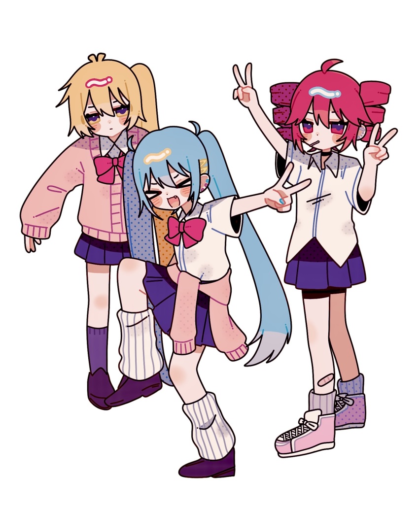 >_<, 3girls, :d, ahoge, akita_neru, black_choker, black_shoes, blonde_hair, blue_hair, blue_nails, blue_skirt, blue_socks, bow, bowtie, brown_shoes, cardigan, cardigan_around_waist, choker, clothes_around_waist, double-parted_bangs, double_v, dress_shirt, drill_hair, fang, fingernails, grey_socks, hatsune_miku, high_school_girls_posing_for_google_street_view_(meme), highres, kasane_teto, leg_up, long_hair, meme, miniskirt, multiple_girls, okayu_(okayuyuyu2), open_mouth, pink_cardigan, pink_shoes, red_bow, red_bowtie, red_eyes, red_hair, ribbed_socks, school_uniform, shirt, shoes, short_hair, short_sleeves, side_ponytail, skirt, smile, socks, triple_baka_(vocaloid), triple_ryuunen, twin_drills, twintails, utau, v, very_long_hair, vocaloid, white_background, white_shirt, white_socks, xd, yellow_eyes