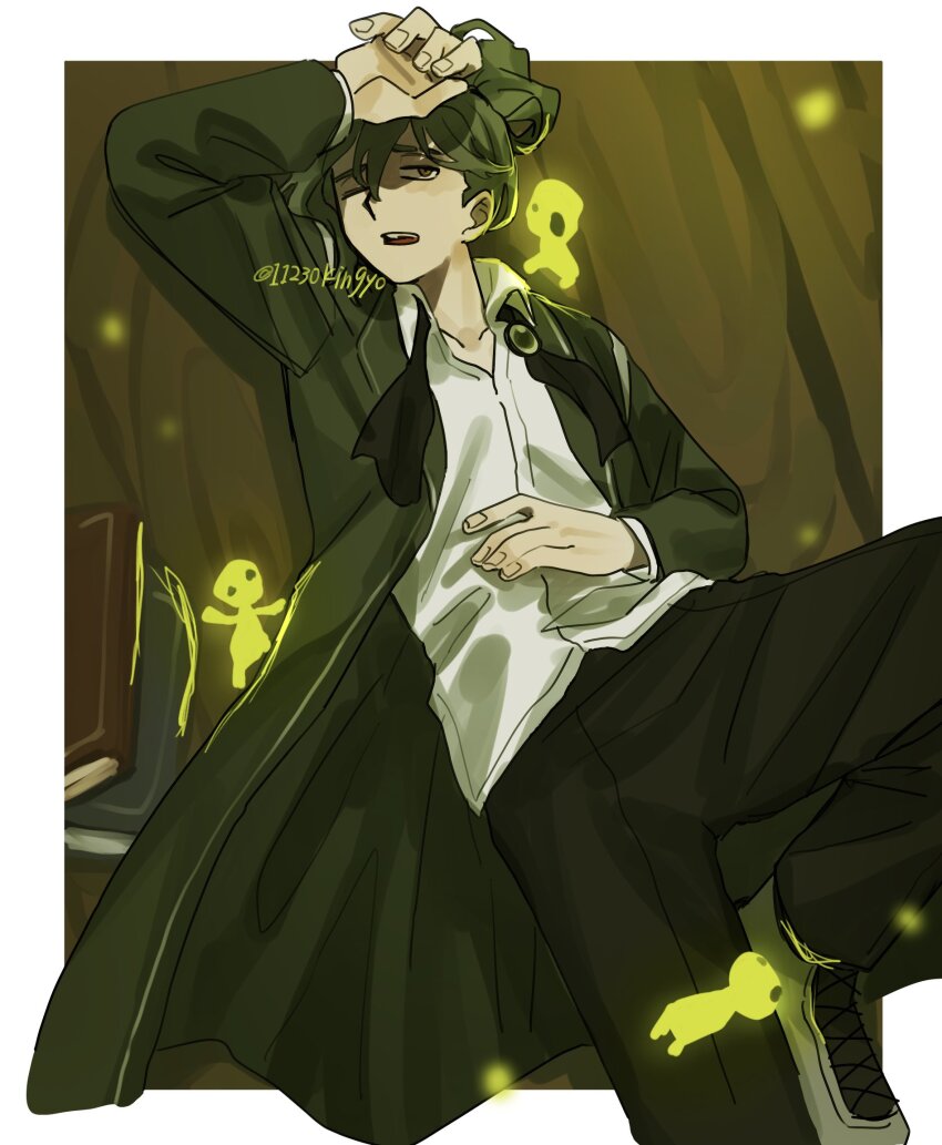 11230kingyo, 1boy, ascot, black_pants, book, border, brown_background, brown_eyes