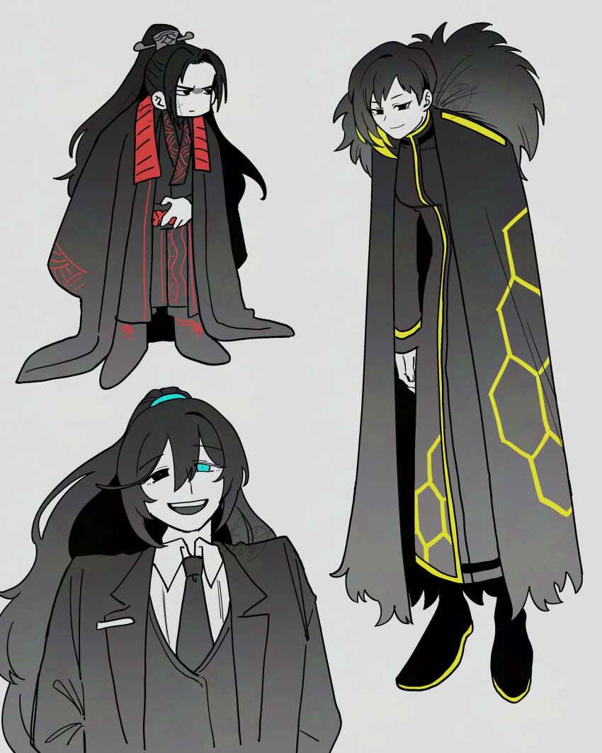 11230kingyo, 1girl, 2boys, absurdres, binah_(project_moon), black_coat, black_dress, black_eyes