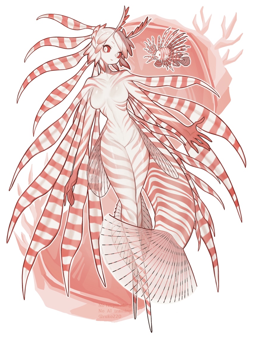 1girl, absurdres, animal, colored_sclera, colored_skin, commentary_request, fins, fish