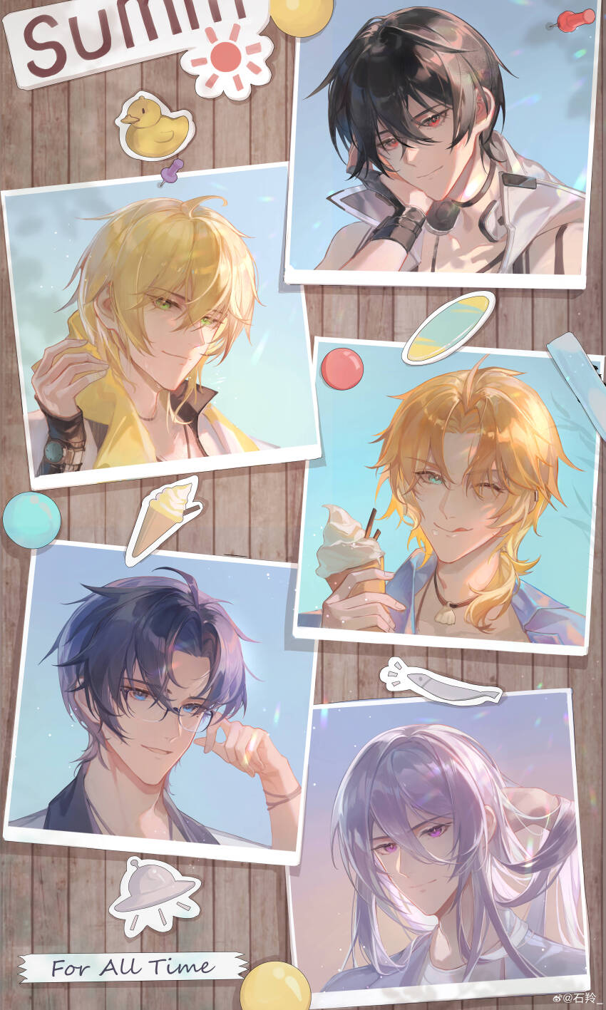 5boys, ;q, absurdres, adjusting_eyewear, alkaid_mcgrath, alkaid_mcgrath_(azure_island), aqua_eyes, ayn_alwyn, ayn_alwyn_(azure_island), bare_shoulders, black_gloves, black_hair, blonde_hair, blue_background, blue_eyes, blue_hair, blue_shirt, bracelet, bulletin_board, cael_anselm, cael_anselm_(azure_island), chinese_commentary, clarence_clayden, clarence_clayden_(azure_island), closed_mouth, collarbone, column_lineup, copyright_name, crew_neck, curtained_hair, drying, drying_hair, earclip, fingerless_gloves, fish, food, glasses, gloves, green_eyes, grey_jacket, hair_between_eyes, hair_flowing_over, hair_lift, hand_in_own_hair, hand_up, head_on_hand, head_rest, headphones, headphones_around_neck, highres, holding, holding_food, holding_ice_cream, holding_towel, hood, hood_down, hoodie, ice_cream, ice_cream_cone, incredibly_absurdres, jacket, jewelry, lapels, lars_rorschach, lars_rorschach_(azure_island), long_bangs, long_hair, long_hair_between_eyes, long_sleeves, looking_at_viewer, lovebrush_chronicles, low_ponytail, male_focus, medium_hair, mole, mole_under_eye, multiple_boys, necklace, official_alternate_costume, one_eye_closed, parted_bangs, parted_lips, photo_(object), ponytail, portrait, purple_eyes, red_eyes, rubber_duck, shawl_lapels, shell, shell_necklace, shiling, shirt, short_hair, sleeveless, sleeveless_hoodie, smile, soft_serve, sticker, summer, sun, sunlight, surfboard, thumbtack, tongue, tongue_out, towel, towel_around_neck, ufo, watch, water_drop, watermark, weibo_watermark, wet, wet_hair, white_hair, white_hoodie, white_jacket, white_shirt, wing_collar, wristwatch