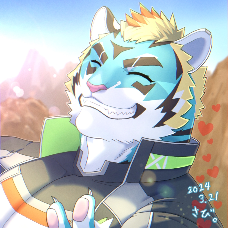 1boy, bara, blonde_hair, blurry, blurry_background, closed_eyes, facing_viewer, furry, furry_male, grin, happy, heart, live_a_hero, male_focus, outdoors, pawpads, rexer_(live_a_hero), sabita_kan, sharp_teeth, smile, solo, teeth, tiger_boy
