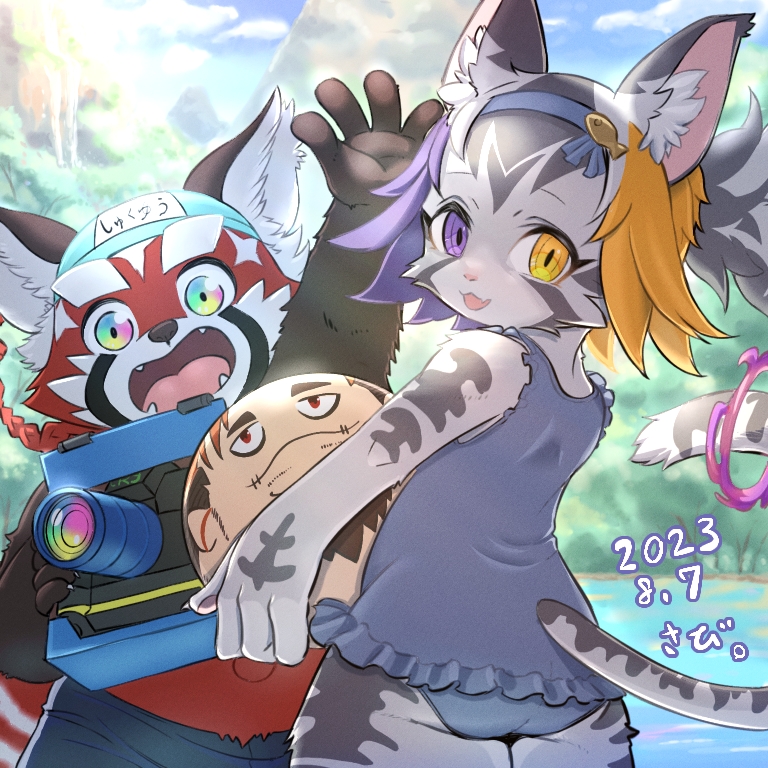 1boy, 1girl, arm_up, ass, ball, blue_hairband, camera, day, furry, furry_female, furry_male, hairband, heterochromia, holding, holding_ball, holding_camera, lakezhurong_(housamo), looking_back, open_mouth, outdoors, purple_eyes, quantum_(housamo), sabita_kan, short_hair, swim_cap, tokyo_houkago_summoners, yellow_eyes, zhurong_(housamo)