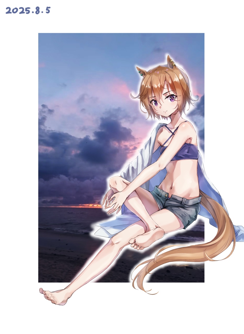 1girl, absurdres, alternate_costume, animal_ears, beach, cloud, criss-cross_halter, dated