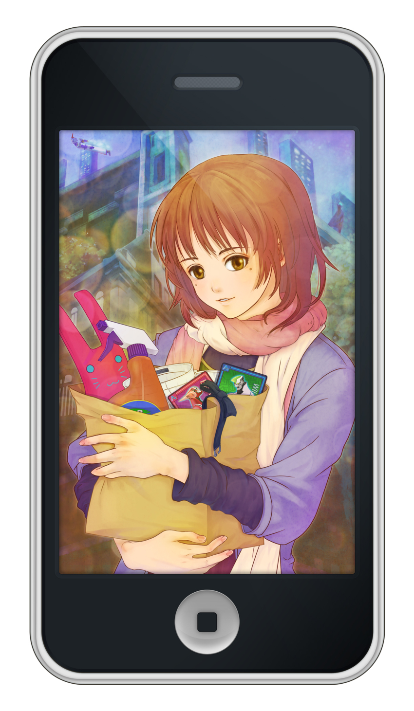 10s, 1boy, armor, bag, barnaby_brooks_jr., cape, card, cellphone, chrom023, epaulettes, extra, flying, glowing, glowing_eyes, grocery_bag, helmet, highres, iphone, jetpack, kaburagi_t._kotetsu, keith_goodman, lunatic_(tiger_&amp;_bunny), male_focus, mask, mole, mole_under_each_eye, mole_under_eye, multiple_moles, orange_hair, phone, power_armor, power_suit, ribbon, scarf, scarf_girl_(tiger_&amp;_bunny), shopping_bag, sky_high_(tiger_&amp;_bunny), smartphone, solo, stuffed_animal, stuffed_rabbit, stuffed_toy, superhero_costume, tiger_&amp;_bunny, yellow_eyes