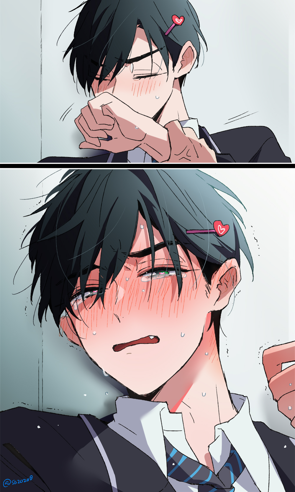 2boys, alien_stage, anger_vein, black_eyes, black_hair, black_jacket, black_necktie, blush