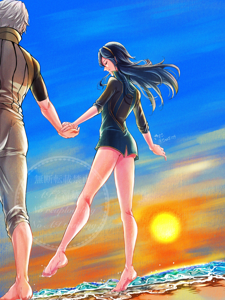 1boy, 1girl, absurdres, adversarial_noise, anti-ai_watermark, artist_name, ass, bare_legs, beach, blue_hair, blue_tunic, bottomless, closed_eyes, collared_shirt, couple, dress, feet_in_water, fire_emblem, fire_emblem_awakening, grey_pants, grey_shirt, highres, holding_hands, kinako_5108, long_hair, lucina_(fire_emblem), male_robin_(fire_emblem), nintendo, pants, shirt, shore, short_sleeves, sky, sleeves_rolled_up, smile, sun, sunset, tiara, tiptoes, tunic, twitter_username, undershirt, watermark, white_hair