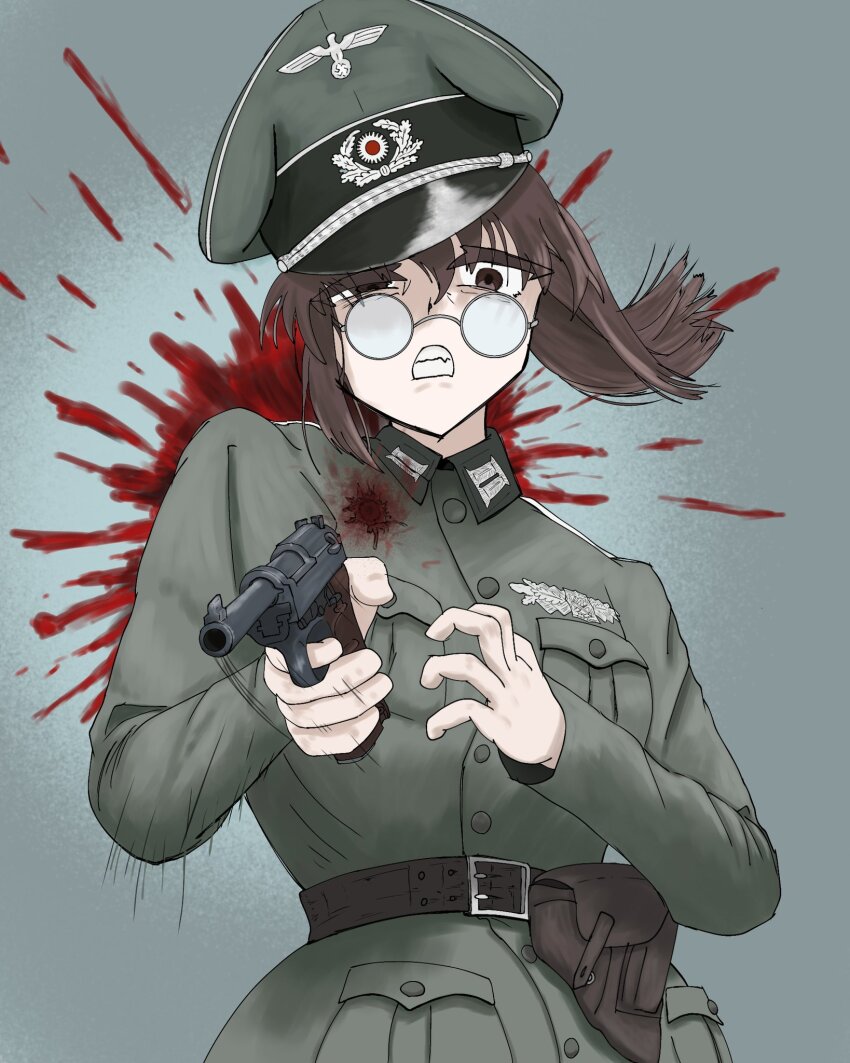 1girl, belt, blood, blood_on_clothes, blood_splatter, brown_belt, brown_eyes, brown_hair