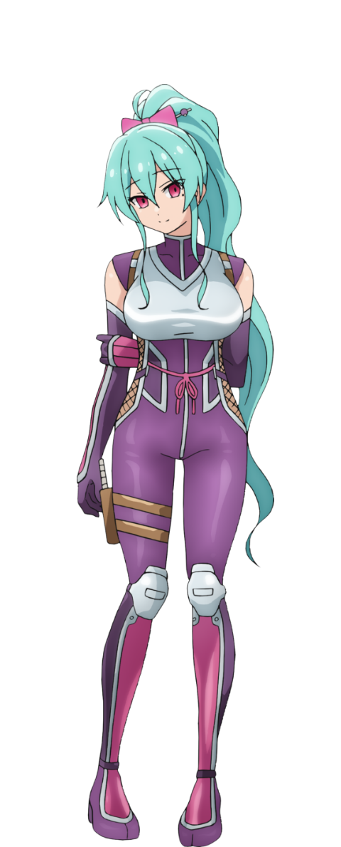 1girl, anime_coloring, armor, bare_shoulders, belt, blue_hair, bodysuit, breasts
