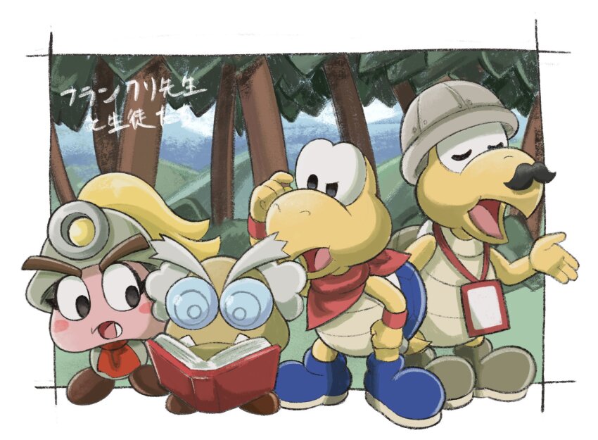 bandana, bandana_around_neck, blonde_hair, blue_boots, blush_stickers, book, boots, closed_eyes