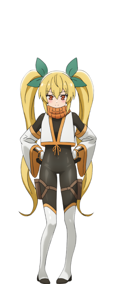 1girl, anime_coloring, armor, belt, black_bodysuit, blonde_hair, bodysuit, bodysuit_under_clothes, boots, child, detached_sleeves, full_body, green_ribbon, hair_between_eyes, hair_ribbon, hands_on_own_hips, japanese_armor, japanese_clothes, kote, long_hair, looking_at_viewer, natsumi_kanna_(neet_kunoichi), neet_de_otaku_na_kunoichi_to_naze_ka_dousei_hajimemashita, ninja, official_art, ribbon, simple_background, smile, solo, standing, suzuki_masahiko_(animator), thigh_belt, thigh_boots, thigh_strap, transparent_background, twintails, v-shaped_eyebrows, very_long_hair, white_boots, wide_sleeves