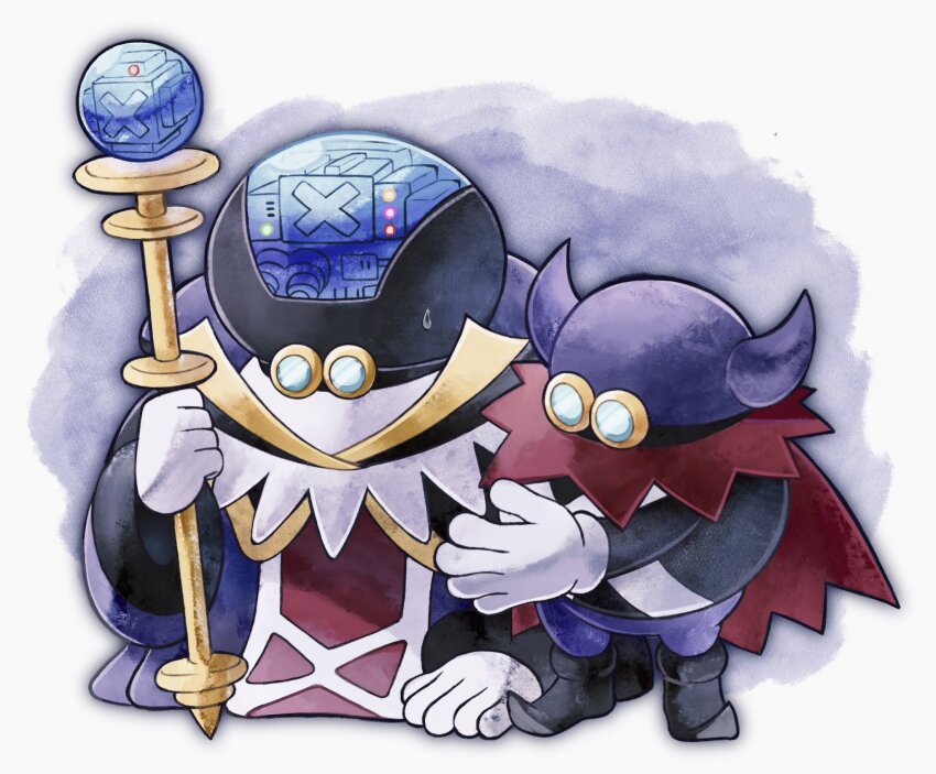 2boys, black_cape, cape, commshoo, gloves, highres, holding, holding_scepter