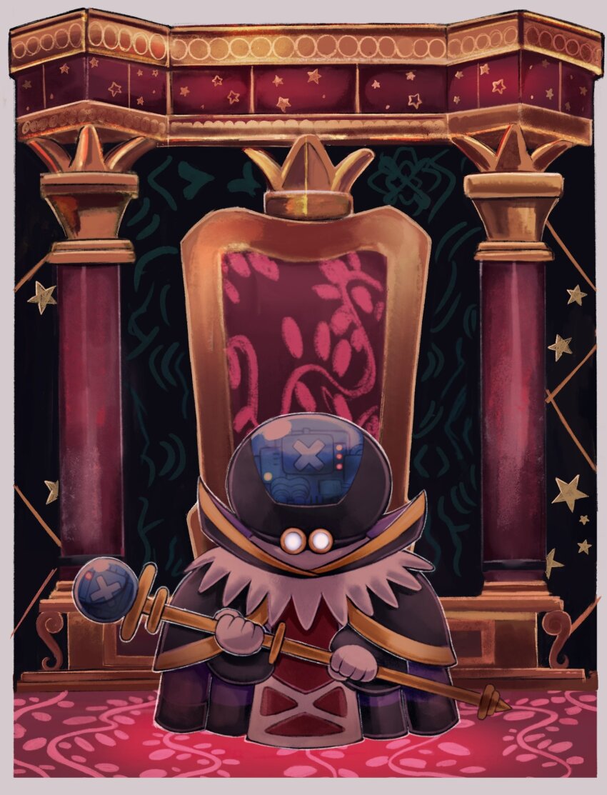 1boy, border, commshoo, gloves, helmet, highres, holding, holding_scepter