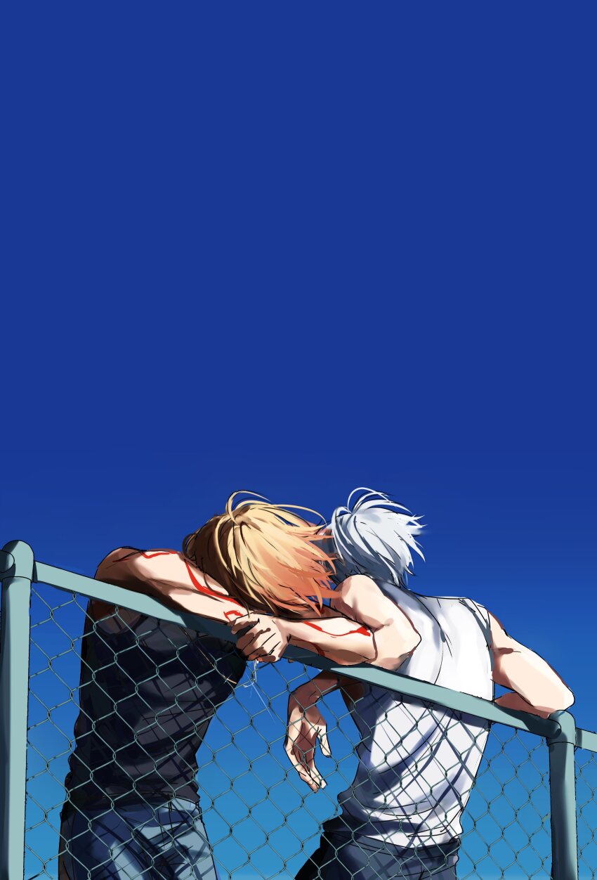 2boys, absurdres, against_fence, alternate_costume, b_bcollector, bare_shoulders, black_shirt, blonde_hair