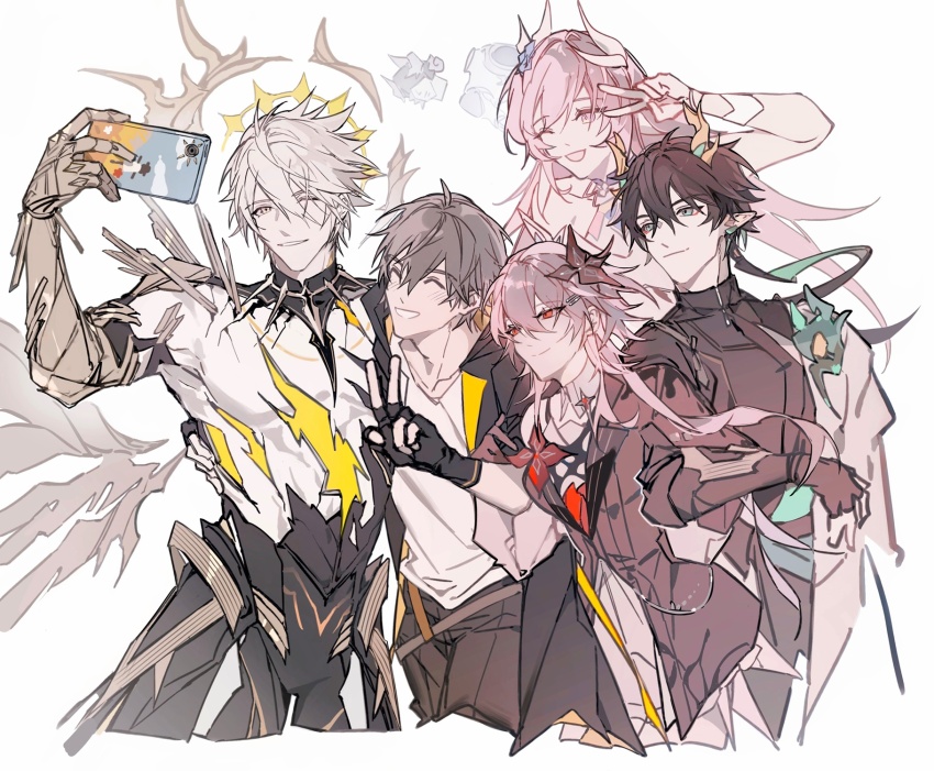 2girls, 4boys, ;), black_gloves, black_hair, black_pants, black_shirt, black_vest