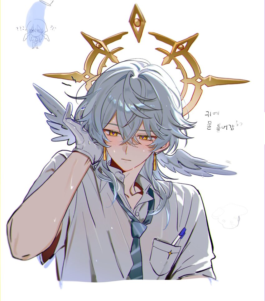 1boy, :|, a20190422, arm_up, blue_necktie, breast_pocket, closed_mouth, collared_shirt