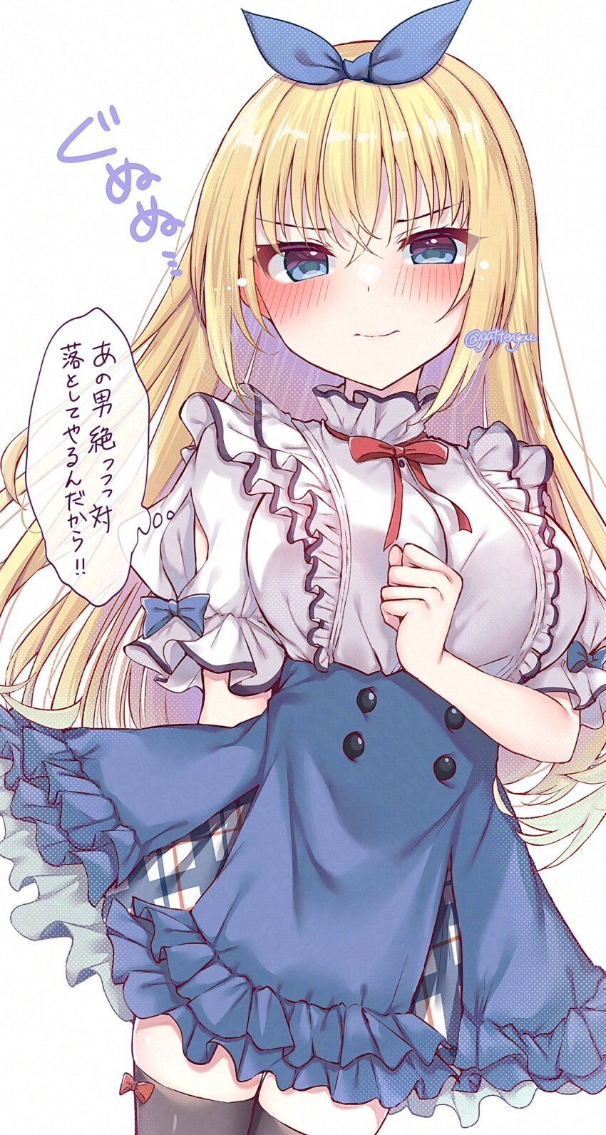 1girl, arm_behind_back, black_thighhighs, blonde_hair, blue_bow, blue_eyes, blue_skirt, blush