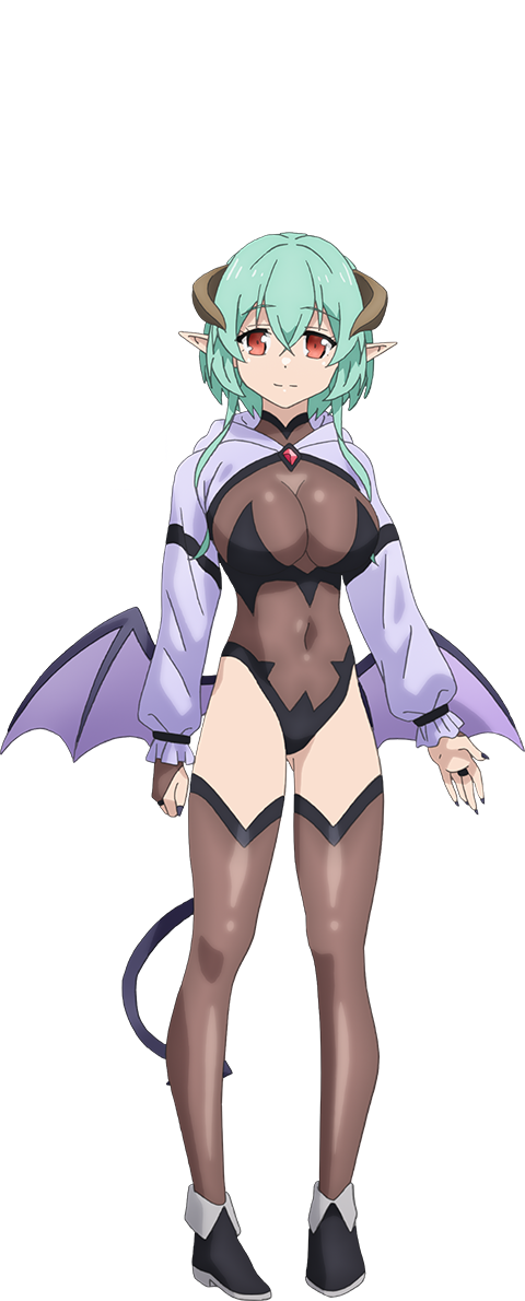 1girl, anime_coloring, aqua_hair, bat_wings, black_leotard, black_tail, breasts, cleavage
