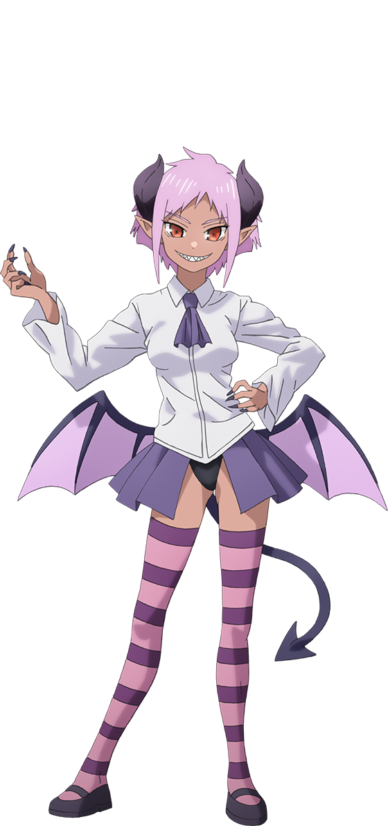 1girl, anime_coloring, arm_up, ascot, black_horns, black_nails, black_tail, breasts, closed_mouth, collared_shirt, curled_horns, demon_girl, demon_horns, demon_tail, demon_wings, fingernails, flats, full_body, hand_on_own_hip, highleg, horns, killer_ventor, long_fingernails, long_sleeves, looking_at_viewer, low_wings, medium_breasts, neet_de_otaku_na_kunoichi_to_naze_ka_dousei_hajimemashita, official_art, open_hand, open_mouth, pink_hair, pleated_skirt, pointy_ears, purple_ascot, red_eyes, shirt, short_hair, simple_background, skirt, smile, solo, standing, suzuki_masahiko_(animator), tail, teeth, thighhighs, thighs, transparent_background, tsurime, white_shirt, wide_sleeves, wings