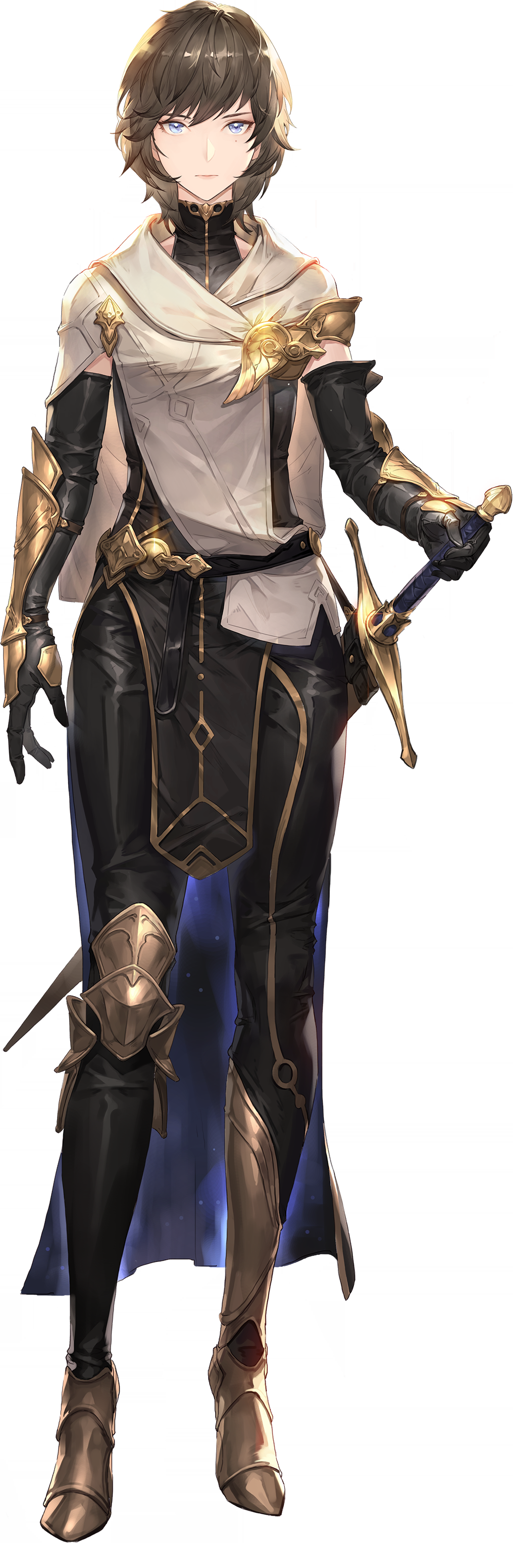 1girl, absurdres, arm_guards, asymmetrical_legwear, black_gloves, black_pants, blue_eyes, brown_hair, cloak, elbow_gloves, female_voyager, game_cg, gloves, hand_on_hilt, high_collar, highres, knee_guards, medium_hair, non-web_source, official_art, pants, pelvic_curtain, solo, straight-on, swept_bangs, sword, sword_of_convallaria, transparent_background, weapon, white_cloak